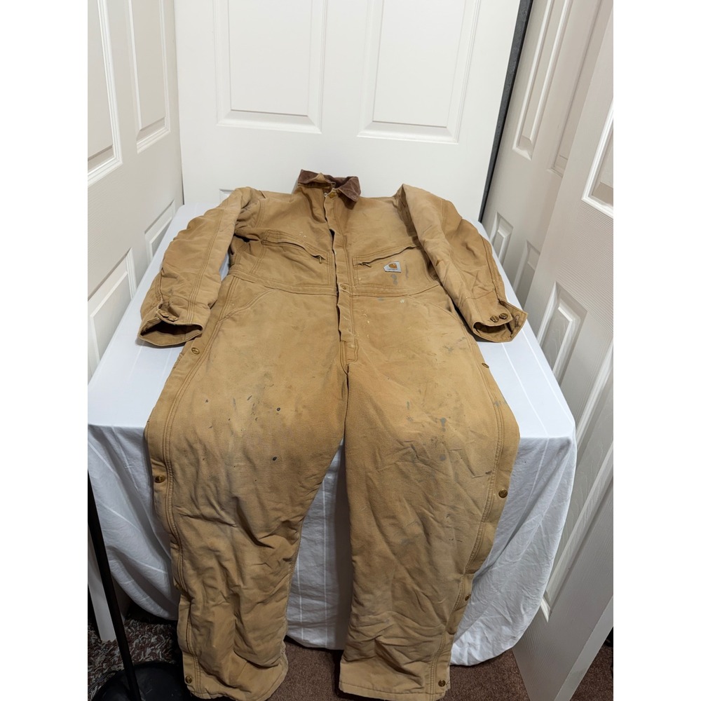Vintage Carhartt Brown Duck Insulated Coveralls Quilt Lined Work Bibs 42 Tall